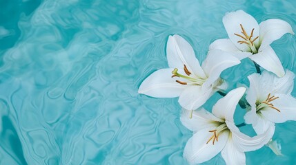 Poster - White lilies on a serene blue water surface, close-up shot, Minimalist style