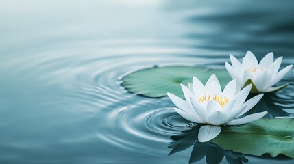 Poster - White lilies on a serene lake surface, close-up shot, Minimalist style