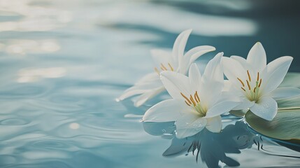 Poster - White lilies on a serene lake surface, close-up shot, Minimalist style