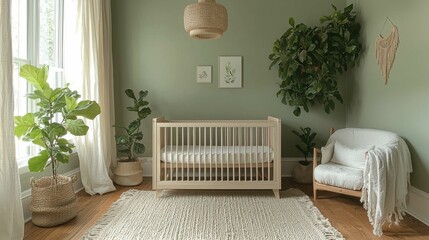 Wall Mural - A serene nursery featuring a wooden crib, green walls, and indoor plants, creating a natural and calming environment for a baby.