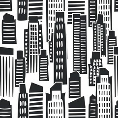 Aufkleber - Abstract black and white urban skyline pattern featuring various building shapes and designs. Generative AI