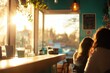 © wernerimages - A cozy coffee shop interior with warm wooden furnishings illuminated by the soft, golden light of the setting sun, casting gentle shadows on the patrons inside.