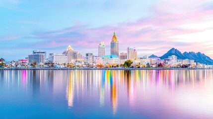 Sticker - Vibrant city skyline reflected in calm water at sunset.