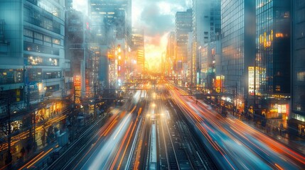 Poster - A vibrant cityscape at dusk, showcasing bustling traffic and illuminated buildings.