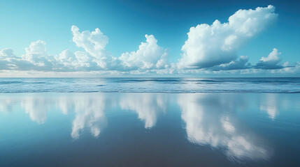 Wall Mural - Serene ocean beach reflecting clouds in calm water.