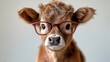 © Natalia S. - A young highland cow wearing large red glasses against a neutral background. Vision problems, astigmatism and myopia, ophthalmologist consultation and glasses for vision correction