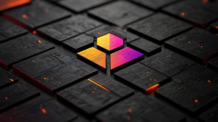 Poster - A vibrant geometric logo on textured dark tiles, showcasing a modern design aesthetic.