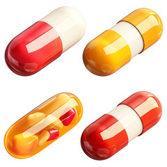 Poster - Colorful 3D rendered capsules in red, yellow, and white tones, isolated on transparency background, showcasing glossy and detailed design. capsules include transparent and solid variations
