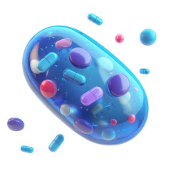 Poster - 3D illustration of transparent antibiotic pill encapsulating smaller colorful capsules and particles, isolated on transparency background, symbolizing modern medicine and innovation