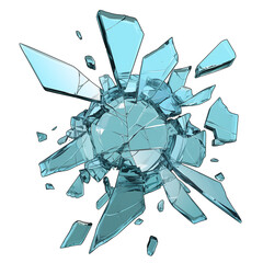Poster - Shattered blue glass pieces in dynamic, flat view, isolated on transparency background, creating dramatic and impactful visual effect