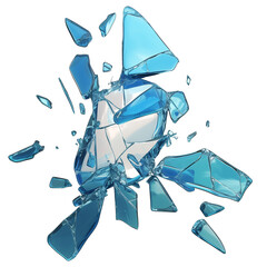 Poster - Shattered blue glass pieces scattered in dynamic, flat view, isolated on transparency background, showcasing sharp edges and reflective surfaces with clean and modern aesthetic