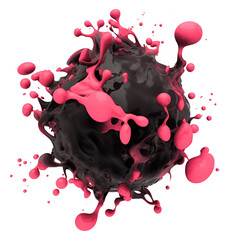 Poster - vibrant 3D illustration of black sphere bursting with dynamic pink liquid splashes, isolated on transparency background, showcasing energy and motion