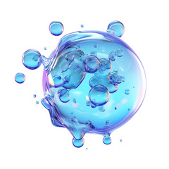 Poster - vibrant 3D illustration of bursting blue bubble with smaller bubbles surrounding it, isolated on transparency background, showcasing glossy and fluid texture