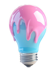 Poster - colorful 3D rendered lightbulb with glossy pink and blue dripping paint design, isolated on transparency background, showcasing creativity and modern art