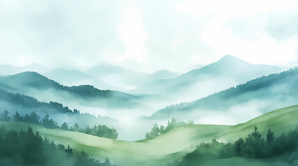 Wall Mural - serene light watercolor landscape featuring rolling green hills, misty valleys, and wispy trees set 
