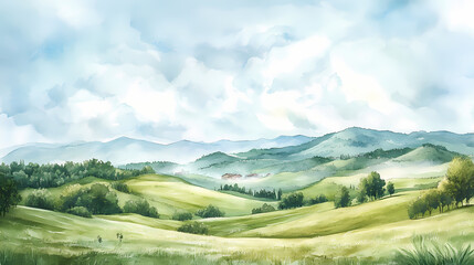 Wall Mural - serene light watercolor landscape featuring rolling green hills, misty valleys, and wispy trees set 
