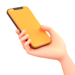 Poster - 3D cartoon hand holding smartphone with blank orange screen, isolated on transparency background. design is minimalistic and modern, suitable for digital payment or technology concepts