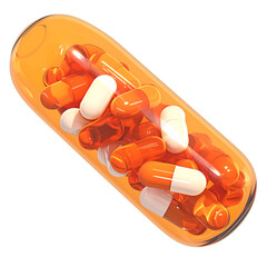 Poster - transparent orange capsule filled with smaller orange and white pills, isolated on transparency background, representing medication or supplements