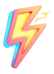 Fototapete - vibrant 3D neon lightning bolt symbol with glowing yellow, pink, and blue hues, isolated on transparency background, showcasing modern and energetic design