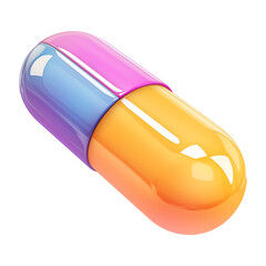 Poster - vibrant 3D rendered capsule pill with glossy finish, featuring colorful design of orange, pink, blue, and purple, isolated on transparency background