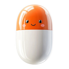 Poster - cute 3D cartoon pill with orange top and white bottom, featuring smiling face and rosy cheeks, isolated on transparency background