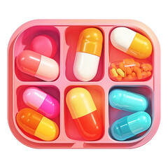 Poster - colorful 3D cartoon pill organizer with six compartments containing various vibrant capsules and tablets, isolated on transparency background