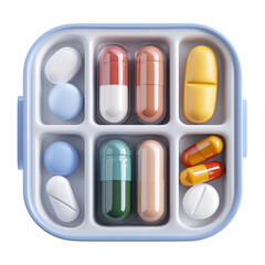 Poster - 3D illustration of pill organizer with various colorful pills and capsules neatly arranged in compartments, isolated on transparency background