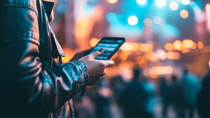 Close-up of a person in a leather jacket using a smartphone at a vibrant, blurred outdoor event at night. Bright lights and bokeh effects in the background.