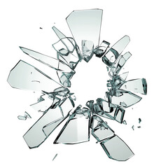 Aufkleber - Shattered glass in circular pattern, isolated on transparency background, showcasing sharp edges and broken fragments for dramatic effect