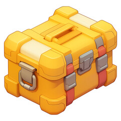 Poster - vibrant yellow 3D cartoon storage box with metallic accents, featuring sturdy handle and latch, isolated on transparency background. design is playful and functional