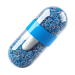 Poster - colorful 3D rendered capsule with transparent shell, filled with vibrant multicolored beads, isolated transparency background. design is clean and modern, evoking sense of health and innovation