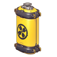 Poster - futuristic yellow energy storage unit with radiation symbol, featuring sleek design and metallic accents, isolated on transparency background