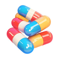 Poster - Colorful capsules in red, blue, yellow, and white are stacked together, isolated on transparency background, showcasing vibrant and clean design