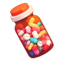 Poster - colorful bottle of assorted pills and capsules, isolated on transparency background, showcasing variety of medicine types in vibrant and organized manner