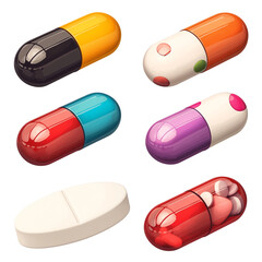 Poster - Colorful 3D rendered capsules and tablets isolated on transparency background, showcasing various designs and vibrant colors, ideal for medical, pharmaceutical, or health related concepts