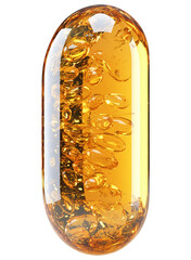 Poster - 3D illustration of transparent vitamin D supplement capsule, showcasing golden liquid interior with suspended bubbles, isolated on transparency background