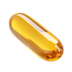 Poster - shiny, golden softgel capsule of vitamin D supplement, isolated on transparency background, showcasing its smooth texture and translucent appearance