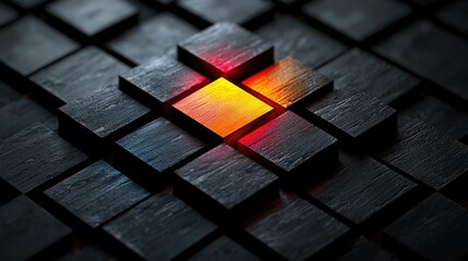 Poster - Abstract arrangement of dark tiles with a glowing orange center, suggesting digital design.
