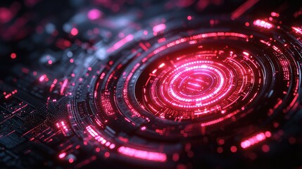 Poster - Abstract digital design featuring concentric circles and glowing elements in red and black.