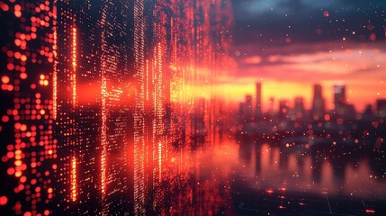 Poster - Abstract digital landscape with data visualization against a sunset city skyline.