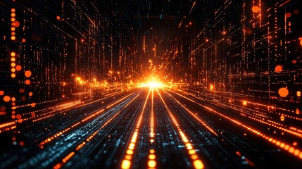 Poster - Abstract digital landscape with glowing lines and particles, suggesting speed and technology.