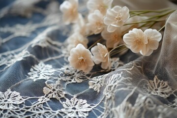Delicate lace fabric, pale flowers, soft focus.