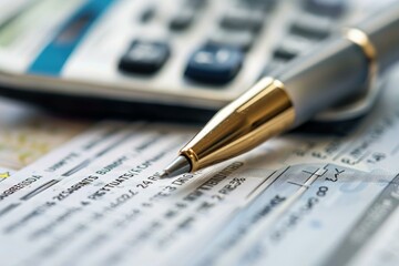 Poster - Gold pen is lying on a tax return form, with a calculator nearby, ready for an accountant to check the figures