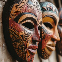 Close-up of handcrafted wooden masks with intricate carvings and painted patterns, displayed on a rustic wall