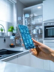 Poster - In a contemporary kitchen, a hand grips a smartphone showcasing various smart appliance options and features illuminated by sunlight. Generative AI