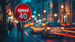 © Infinity Lens - Sign on the side of the city street at night with text 'speed cars passing by blurred in motion. prohibited driving behavior restriction, restriction plate, speed regulation, town rules concept.