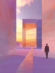 Aufkleber - Person walking through a digital gallery showcasing virtual artworks and avatars against a backdrop of a stunning sunset. Generative AI