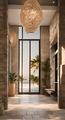 Sticker - Coastal interior design of modern entrance hall with stone tile walls and rustic wood elements 4K vertical