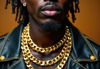 Wall Mural - Close-up of a man with gold chains, leather jacket, and braids.