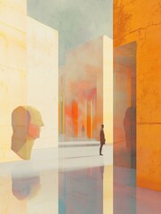 Aufkleber - Visitors explore a vibrant digital gallery filled with innovative virtual artworks and striking avatars in an imaginative environment. Generative AI